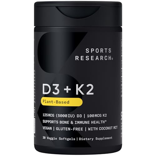 Sports Research® Vitamin D3 + K2 w/Coconut Oil - Vegan Vitamin D 5000iu (125mcg) & Mk7 Vitamin K 100mcg for Bone & Immune Support - Vegan Certified ·