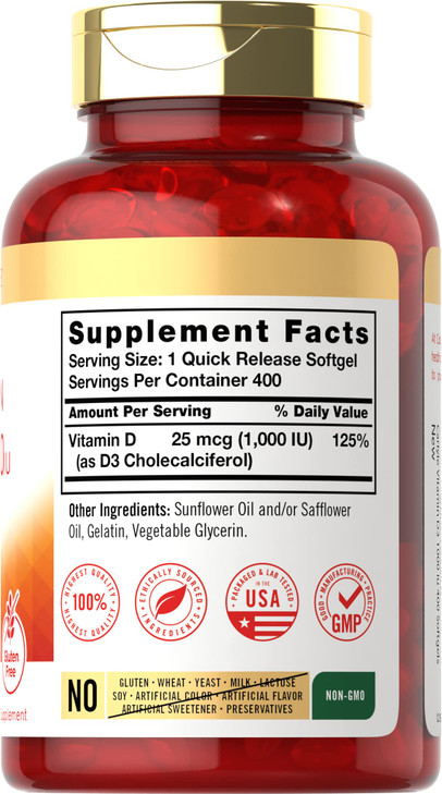 Carlyle Vitamin D3 1000IU | 25 mcg | 400 Softgels | High Potency | Non-GMO & Gluten Free Supplement