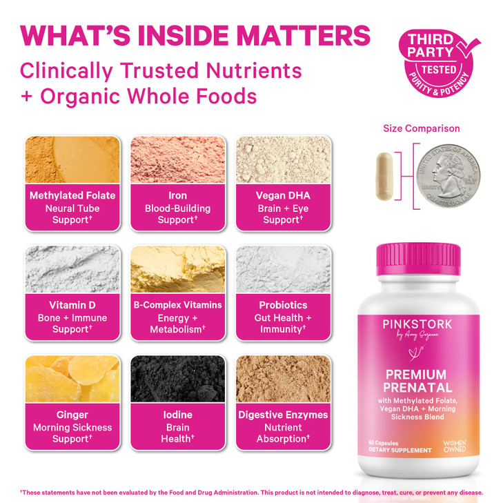 Pink Stork Premium Prenatal Vitamins for Women | Methylated Folate, Choline, Iron, Vegan DHA | Doctor-Formulated Prenatal Vitamin | Organic Whole-Foo