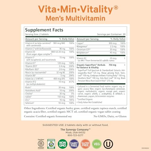 PURE SYNERGY Vita·Min·Vitality | Natural Multivitamin for Men | Mens Daily Multivitamin Made with Organic Whole Foods | for Energy, Stress, and Immu