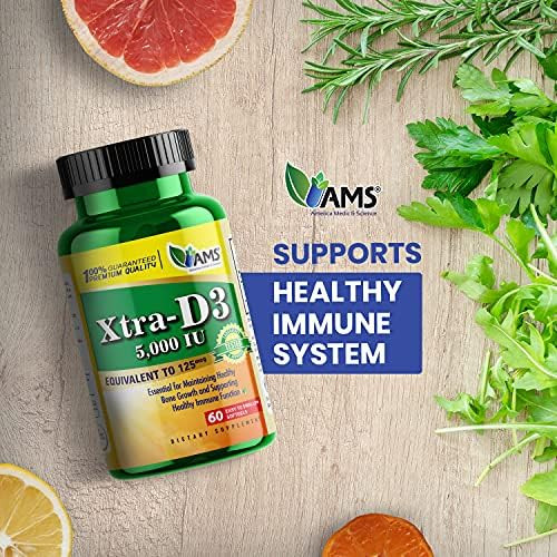 America Medic & Science Xtra D3 Vitamin D 5,000 IU (125 mcg) Cholecalciferol Supplement for Men & Women (60 Easy to Swallow Softgels) Best for Bone,