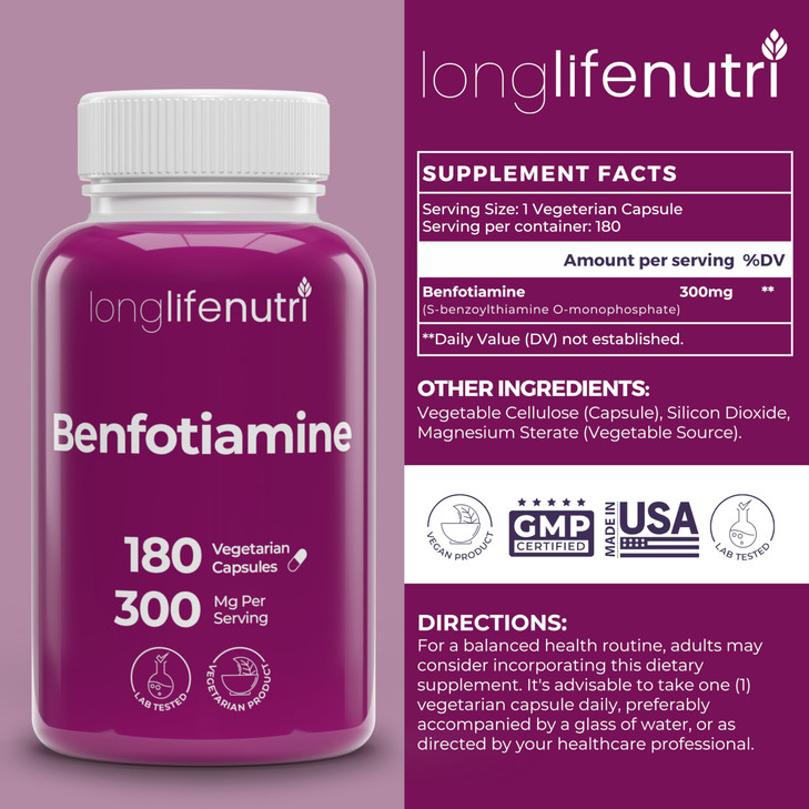 LongLifeNutri Benfotiamine 300mg  180 Vegetarian Capsules, 6-Month Supply, Fat-Soluble B1 Thiamine Supplement for Energy and Wellness, Lab Tested, M