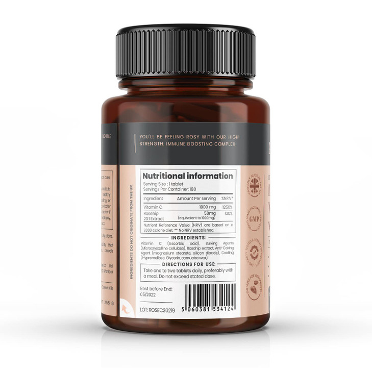 pureclinica Vitamin C with Rosehip  2000mg (1000mg VIT C & 1000mg Rosehip Extract) x 180 Tablets - 6 Months Supply!