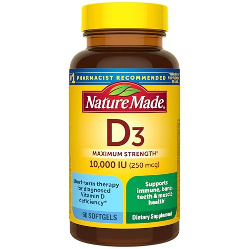 Nature Made Maximum Strength Vitamin D3 10000 IU (250 mcg), Dietary Supplement for Bone, Teeth, Muscle and Immune Health Support, 60 Softgels, 60 Day