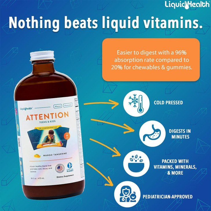 LIQUIDHEALTH Attention, Liquid Multivitamin for Kids & Teens - Improves Memory Retention, Concentration, Focus, Mood, Relaxation & Calming - Made in