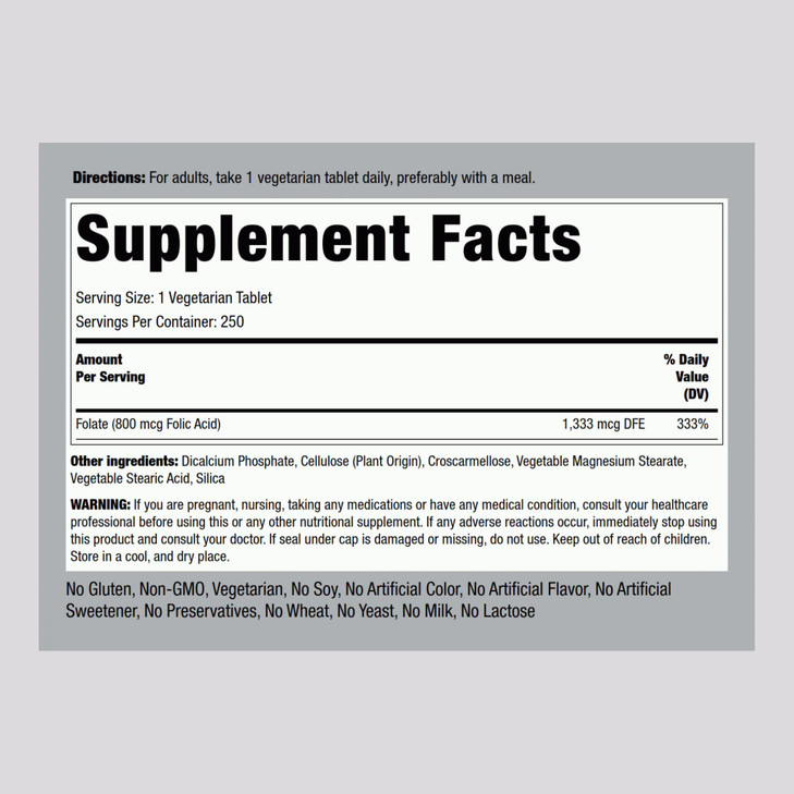 Piping Rock Folic Acid 800 mcg | 250 Tablet Capsules | Supplement for Men and Women | Vegetarian, Non-GMO, Gluten Free