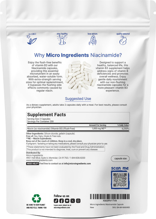 Vitamin B3 Niacinamide 500mg Per Capsule, 400 Capsules | 1,000mg Flush Free Niacin Per Serving, Essential B Vitamin Supplement | Non-GMO, Gluten Free