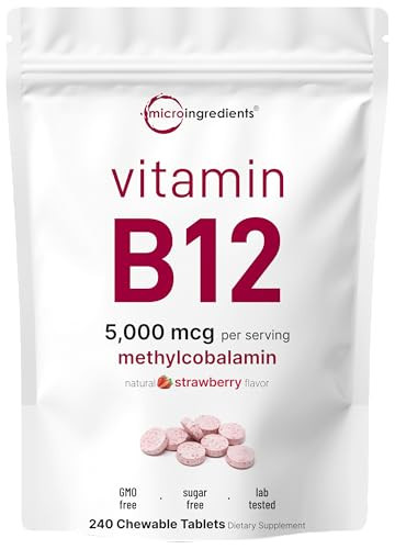 Micro Ingredients Vitamin B12 5,000 mcg | Methylcobalamin  240 Chewable Tablets | Fast Dissolve, Natural Strawberry Flavor | Vegan, Non-GMO, Gluten