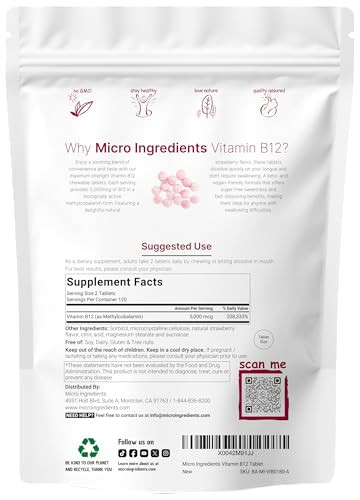Micro Ingredients Vitamin B12 5,000 mcg | Methylcobalamin  240 Chewable Tablets | Fast Dissolve, Natural Strawberry Flavor | Vegan, Non-GMO, Gluten