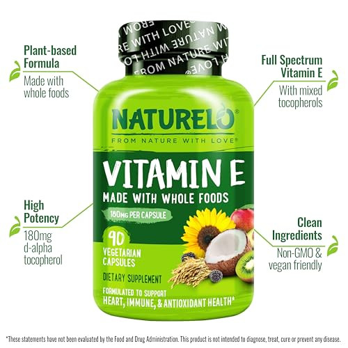 NATURELO Vitamin E Capsules 180 mg - 90 Vegan Capsules | Supports Skin, Hair, and Nails | Immune and Eye Health | Natural Mixed Tocopherols & Whole F