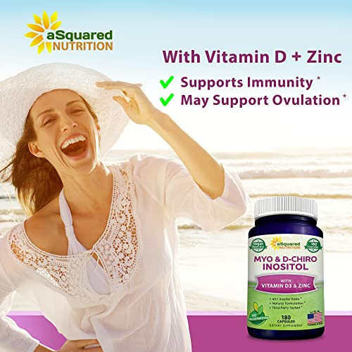 aSquared Nutrition Myo-Inositol & D-Chiro Inositol Supplement - 180 Capsules - Plus Vitamin D3 and Zinc - Myo & D-Chiro Inositol 40 to 1 Ratio - VIT