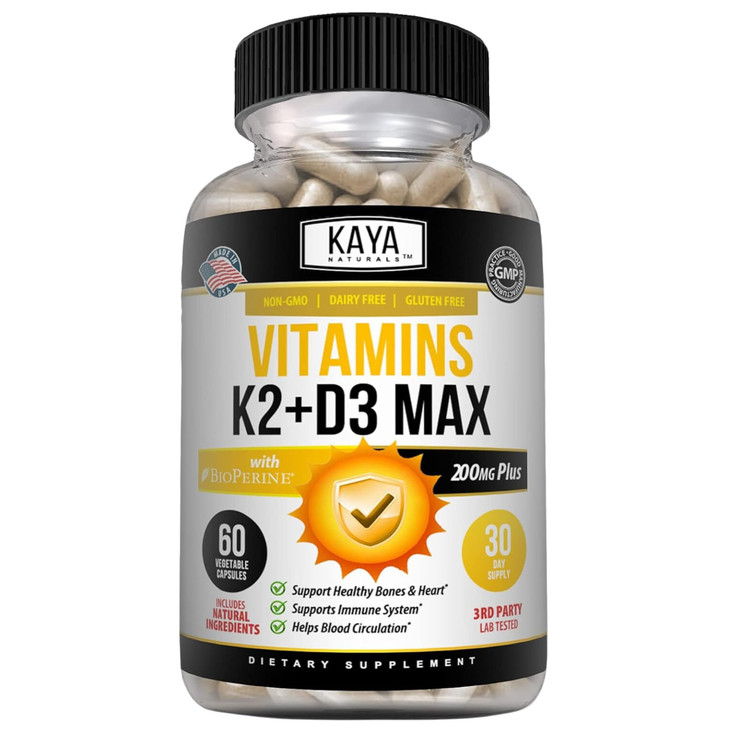 Kaya Naturals Vitamins K2 with D3 5000IU Supplement for Men and Women - Easy to Swallow - Bioperine Capsules (60 Count (Pack of 1)