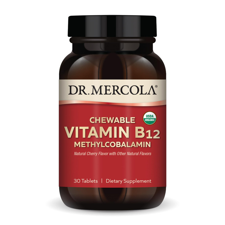Dr. Mercola Organic Chewable Vitamin B12 Dietary Supplements, 30 Servings (30 Tablets), Natural Cherry Flavor with Other Natural Flavors, Non GMO, Gl