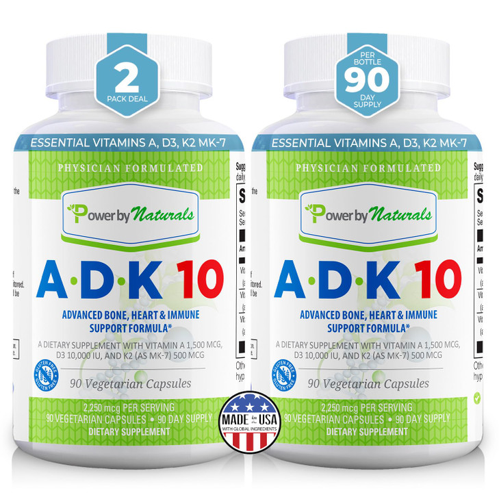 Power By Naturals ADK Vitamin Supplement  ADK 10 High Potency with Vitamins A, D3 10,000 IU & K2 MK7 for Bone Health  Vitamin A D K Supplement  90