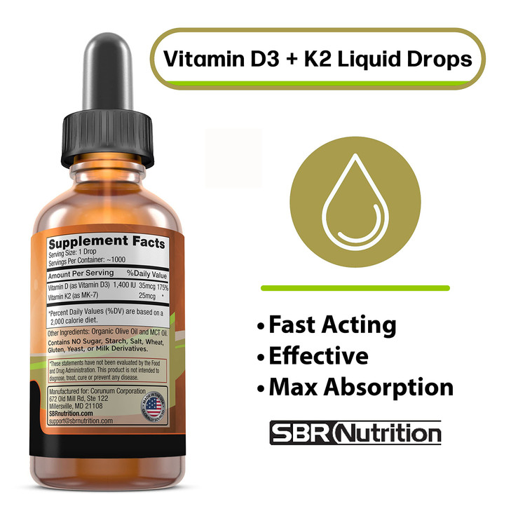 SBR Nutrition MAX Absorption, Vitamin D3 + K2 (MK-7) Liquid Drops with MCT Oil, Unflavored, Helps Support Strong Bones and Healthy Heart