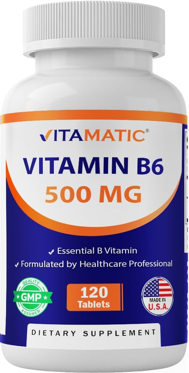 Vitamatic Vitamin B6 (Pyridoxine HCI), 500 mg  120 Vegetarian Tablets Promotes Energy Production, Boosts Metabolism & Immune Health Support