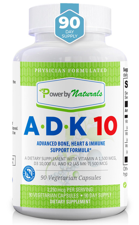 Power By Naturals ADK Vitamin Supplement  ADK 10 High Potency with Vitamins A, D3 10,000 IU & K2 MK7 for Superior Heart, Immune & Bone Health Suppor