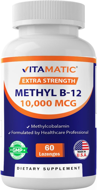Vitamatic Methyl B12 (Methylcobalamin) 10,000 mcg  60 Lozenges  Superior Source of Vitamin B12 for Energy & Nerve Health