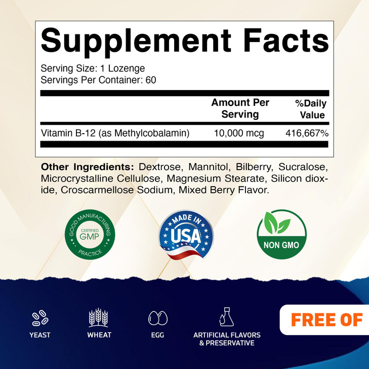 Vitamatic Methyl B12 (Methylcobalamin) 10,000 mcg  60 Lozenges  Superior Source of Vitamin B12 for Energy & Nerve Health
