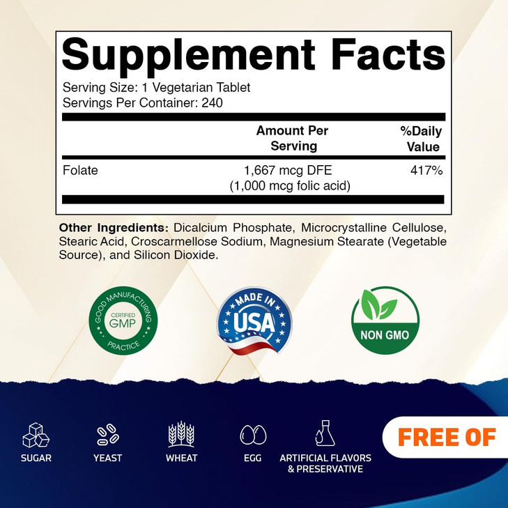 Vitamatic Folic Acid 1000 mcg (1 mg)  240 Vegetarian Tablets (Pack of 2) 1667 mcg DFE  Vitamin B9 for Prenatal, Heart & Cellular Health