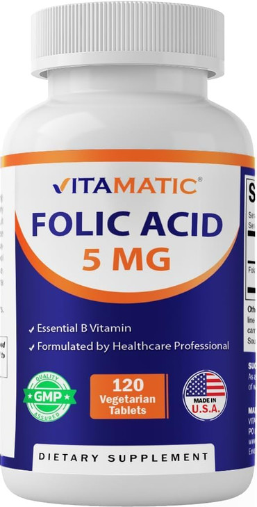 Vitamatic Folic Acid 5mg (5000 mcg)  120 Vegetarian Tablets High Potency Vitamin B9 (Folate) for Cellular Health, Heart Support & Prenatal Care