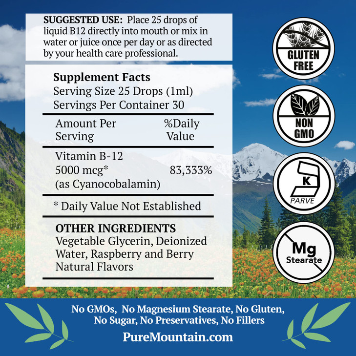 Pure Mountain Botanicals B12 Vitamin 5000 mcg  Kosher B12 Drops in 1oz Bottle with Natural Berry Flavor