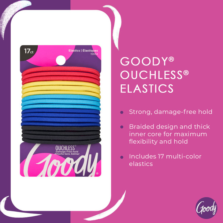 Goody Ouchless Elastic Hair Tie - 17 Count, Assorted Colors - 4MM for Medium Hair - Pain-Free Hair Accessories for Men, Women, Boys, and Girls - Perf