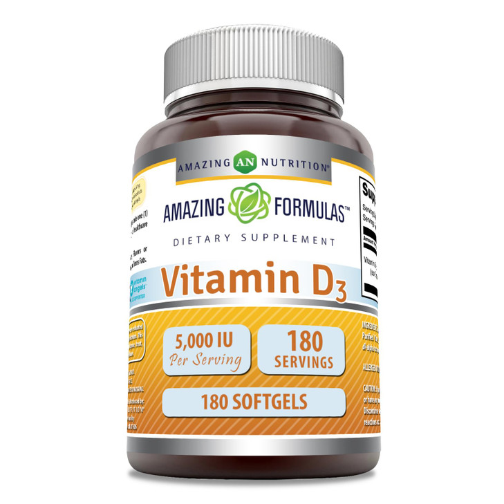 Amazing Formulas Vitamin D3 (Cholecalciferol) Supplement | 5000 IU per Serving | Softgels | Non-GMO | Gluten-Free | Made in USA (1 Pack | 180 Count)