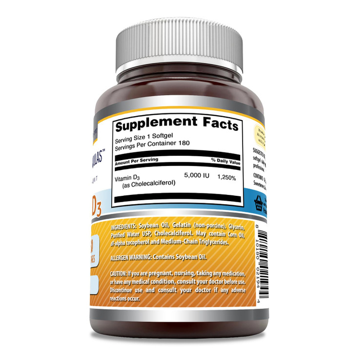 Amazing Formulas Vitamin D3 (Cholecalciferol) Supplement | 5000 IU per Serving | Softgels | Non-GMO | Gluten-Free | Made in USA (1 Pack | 180 Count)