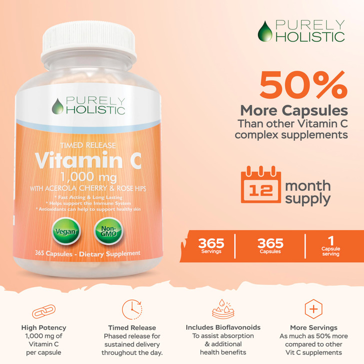 Purely Holistic Vitamin C 1000mg, 365 Capsules, 12 Month Supply, 2 Stage Timed Release with Ascorbic Acid, Rosehip & Acerola Cherry Bioflavonoid, Imm
