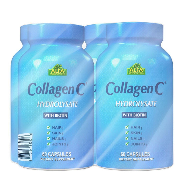 CollagenC Hydrolysate - Collagen Capsules 4 Pack with Biotin & Vitamin C - 60 Capsules per Bottle for Skin, Hair, Nails, Immune & Joint Support - 4 P