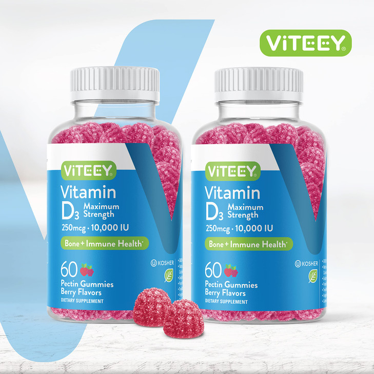 VITEEY Vitamin D3 Gummies for Adults & Teens - 10,000 IU, 250mcg, Maximum Strength - Joint & Muscle Health, Immune Boost - Chewable Vitamin D Gummies