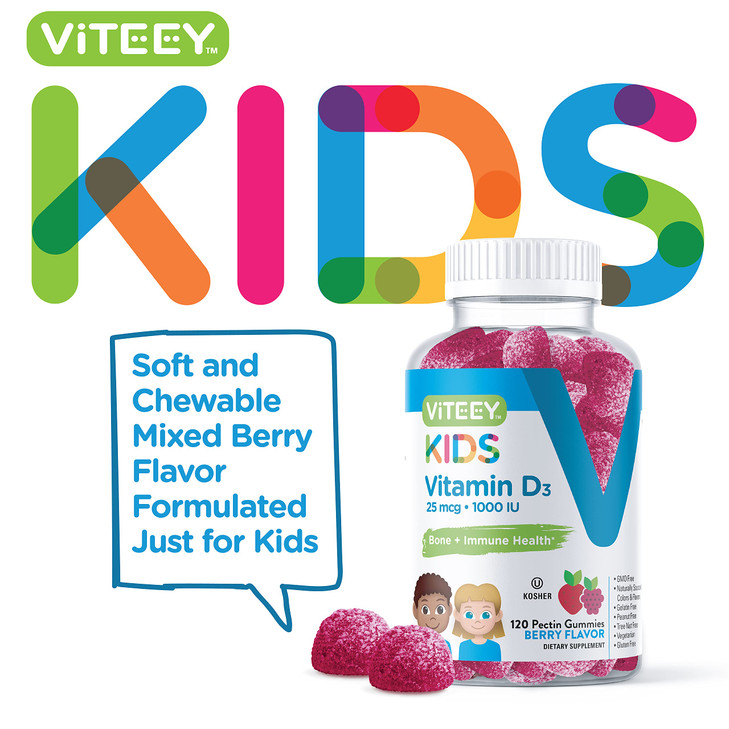 Viteey Vitamin D3 Kids Gummies 25mcg 1000 IU - Bone Health, Immune Health, Joint Muscle Support - Vegetarian, Gelatin Free, Gluten Free, GMO Free - T