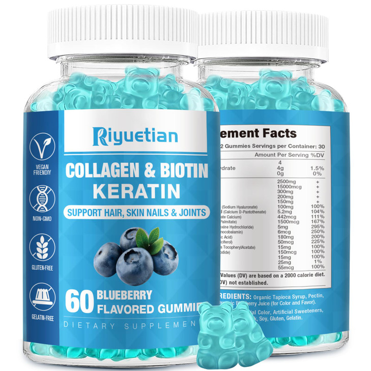 Riyuetian - Biotin Gummies 15000mcg with Collagen for Adults Women & Men - Hair, Skin & Nails Gummies with Biotin - Collagen for Woman - Vegan, Non-G
