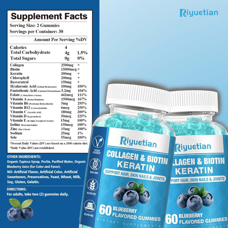 Riyuetian - Biotin Gummies 15000mcg with Collagen for Adults Women & Men - Hair, Skin & Nails Gummies with Biotin - Collagen for Woman - Vegan, Non-G
