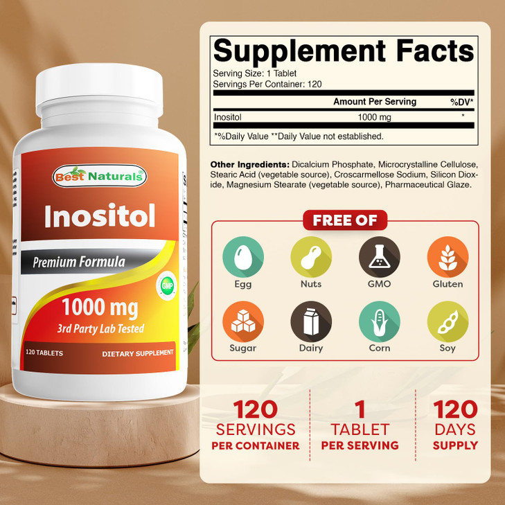 Best Naturals Inositol 1000 mg 120 Tablets (120 Count (Pack of 1)) (120 Count (Packf of 3))