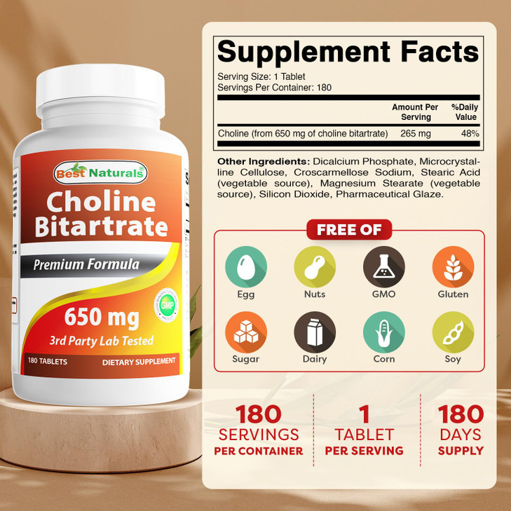 Best Naturals Choline Bitartrate 650 mg (Non-GMO) for Healthy Cognitive Brain Function 180 Tablets