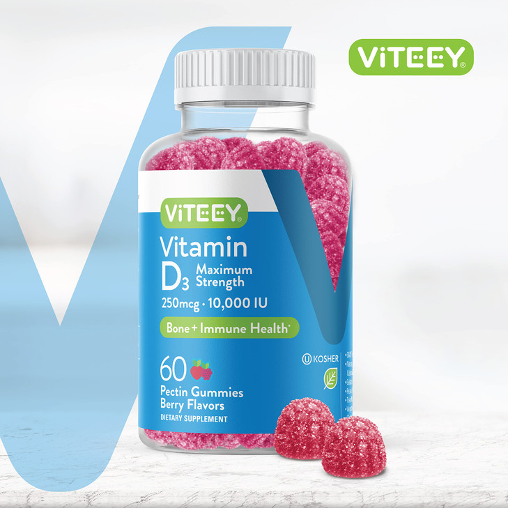 Viteey Vitamin D3 Gummies for Adults & Teens - 10,000 IU, 250mcg, Maximum Strength - Joint & Muscle Health, Immune Boost - Chewable Vitamin D Gummies