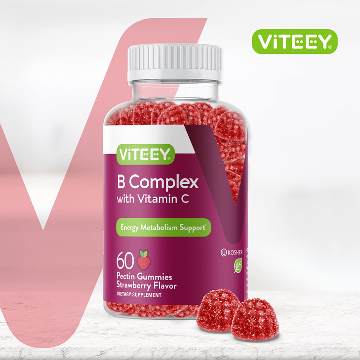 Viteey Vitamin B Complex Gummies with Vitamin C - Energy, Metabolism & Immune Support - B6, B12, Niacin, Folic Acid, Biotin, Calcium - Vegan, Gluten-