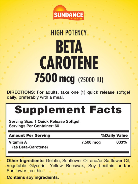 Sundance Beta Carotene 7500mcg | 60 Softgels | Provitamin A | High Potency Formula | Non-GMO and Gluten Free Supplement