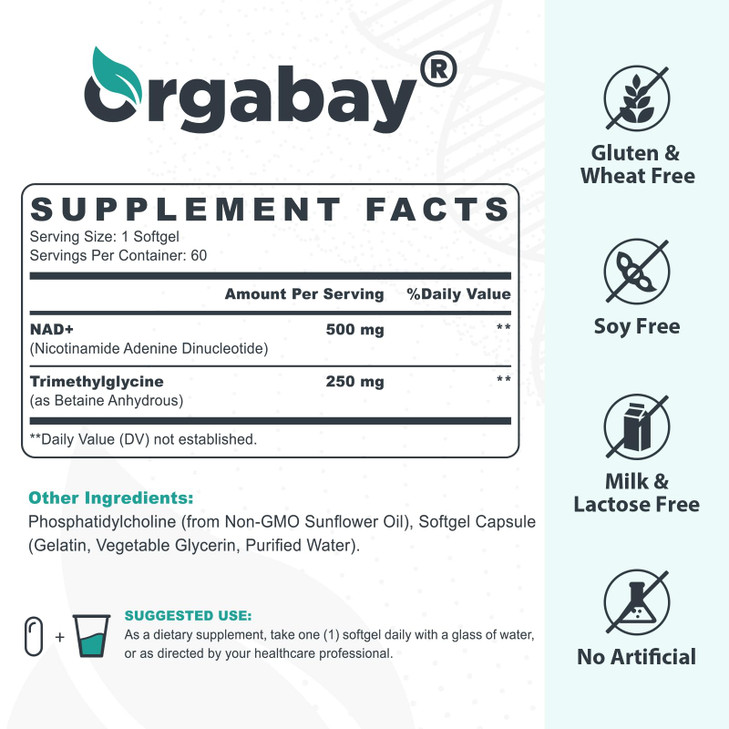 Orgabay Liposomal NAD+ Supplement 500 mg, High Absorption, Boost NAD+ with TMG 250 mg, Actual NAD Plus More Efficient Than Nicotinamide Riboside, Sup