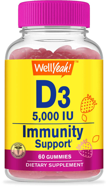 WellYeah Vitamin D3 5000 IU (125 mcg) Extra Strenght Gummies -for Bone Health, Immune Booster, Bone and Teeth Support -Non GMO, Gluten Free, Nut Free