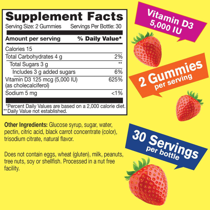 WellYeah Vitamin D3 5000 IU (125 mcg) Extra Strenght Gummies -for Bone Health, Immune Booster, Bone and Teeth Support -Non GMO, Gluten Free, Nut Free