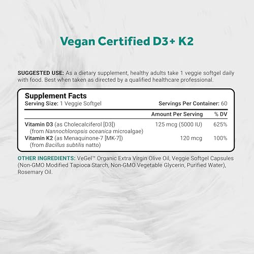 Naturalis Vegan Vitamin D3 + K2 from Algae | 5000iu Vitamin D with 120mcg MK7 Vitamin K | Vegan Society Certified, Sustainably Sourced, Better Than A