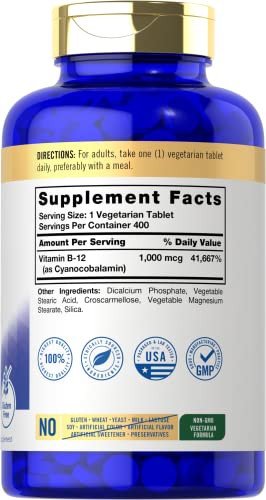 Carlyle Vitamin B12 1000 mcg | 400 Tablets | Vegetarian, Non-GMO, Gluten Free Supplement