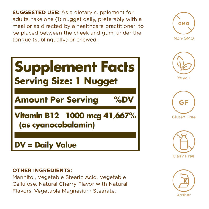 Solgar Sublingual Vitamin B12 1000 mcg - 250 Nuggets, Pack of 2 - Non-GMO, Vegan, Gluten Free, Dairy Free, Kosher - 500 Total Servings