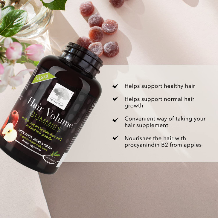 NEW NORDIC Hair Volume Gummies, 2500 mcg Biotin, Daily Hair Vitamins Supplement to Support Hair Skin & Nails, Vegan, 60 Count (Pack of 3)