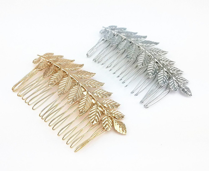 yueton 2pcs Gold and Silver Leaf Olive Branch Leaves Fashion Ladies Bride Wedding Hair Combs Headdress Hair Pins