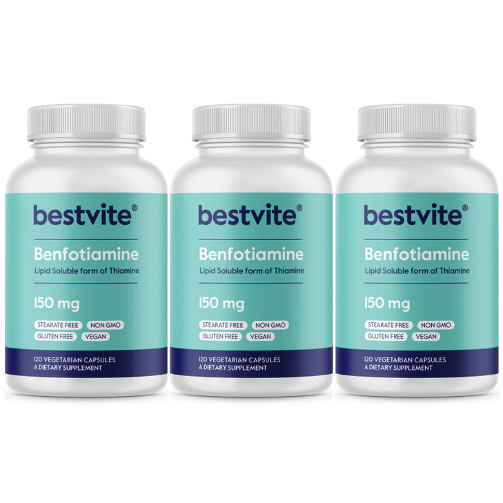 BESTVITE Benfotiamine 150mg (360 Vegetarian Capsules) (120x3) - No Stearates - No Silicon Dioxide - Vegan - Non GMO - Gluten Free