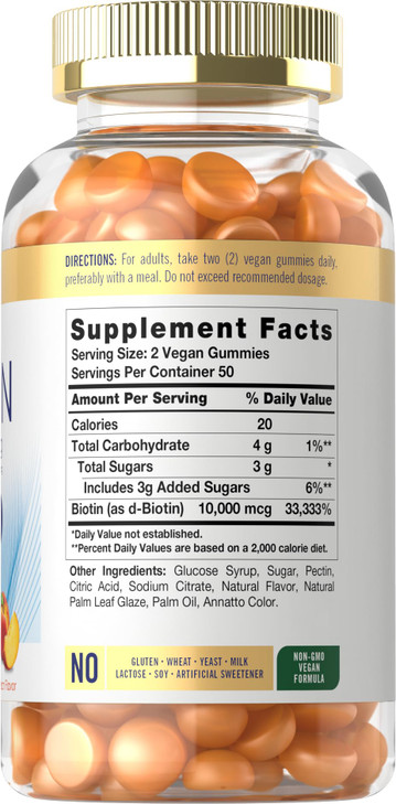 Carlyle Biotin 10000mcg Gummies | 100 Count | Peach Flavor Supplement | Vegan, Non-GMO, Gluten Free